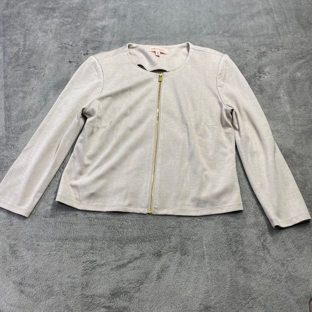 Philosophy Jacket Womens M Beige Zip Front Collarless Knit Blazer Professional
